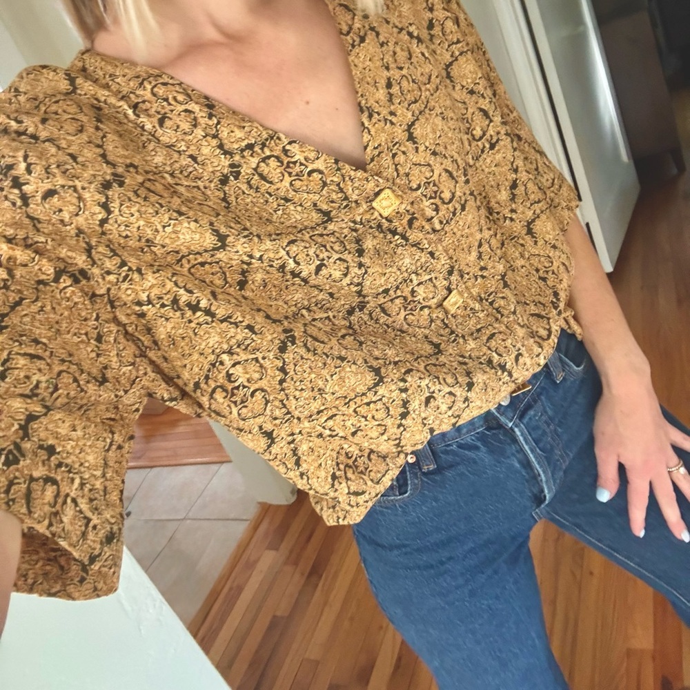Vintage Brocade Button-Up Top Gold Baroque Pattern Short Sleeve -size 16